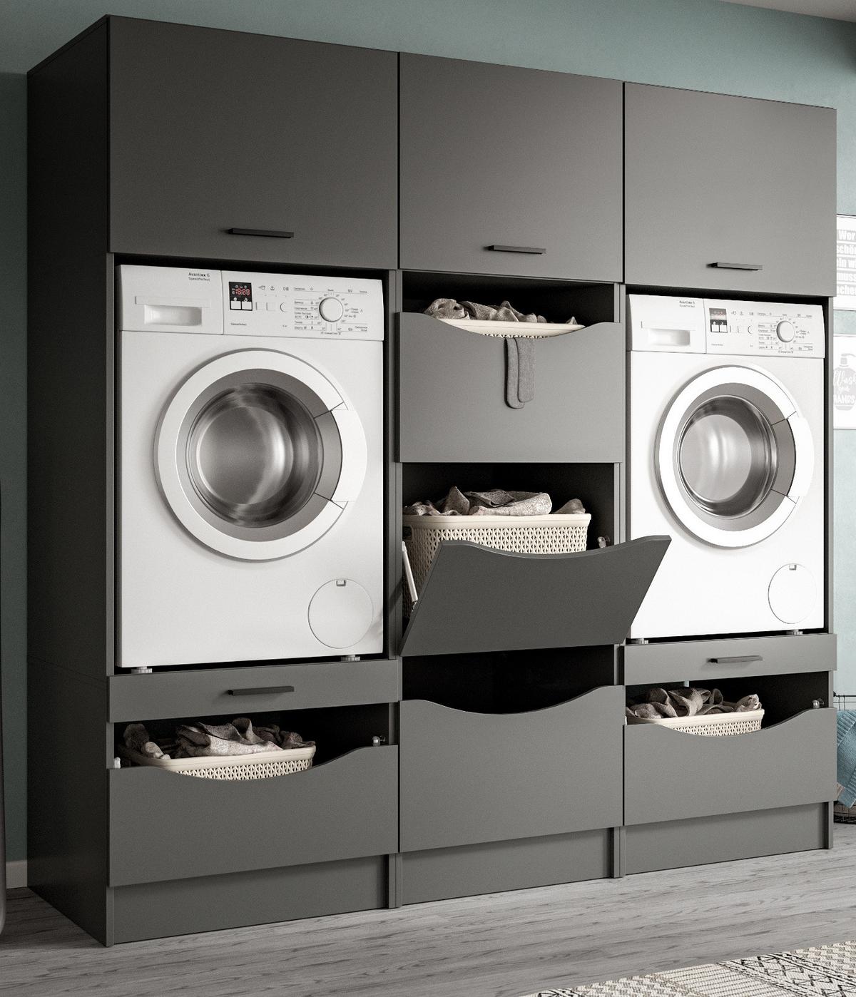 WASCHMASCHINENSCHRANK grau Set 3-teilig 192 cm, Umbau für Waschmaschine und Trockner - Schwarz/Grau, Holzwerkstoff/Kunststoff (192/196/68cm) - Inn.Furn