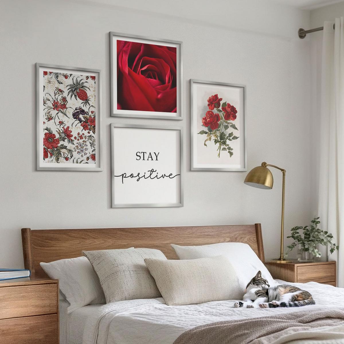 BILDER SET 4er Set - 50x50 cm & 40x60 cm Silberner Rahmen - Inschrift mit roten Rosen - Silberfarben, Kunststoff (50/50cm) - TULUP