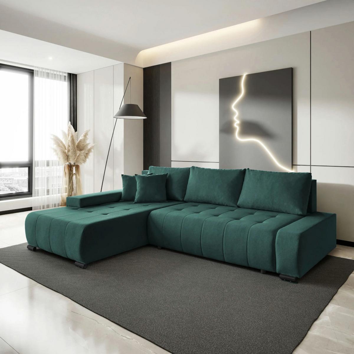 ECKSCHLAFSOFA Draco L Grün - Schwarz/Grün, Textil/Metall (268/183cm) - Beautysofa