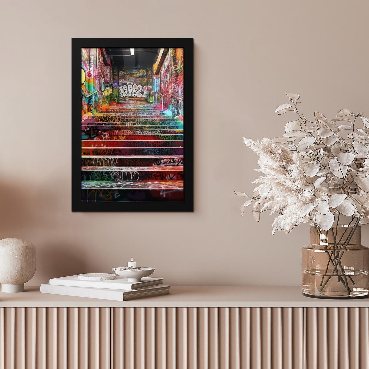 POSTER MIT RAHMEN Treppe - Graffiti - Farben - Kunst Poster 20x30 cm - Multicolor, Papier (20/30cm) - MuchoWow