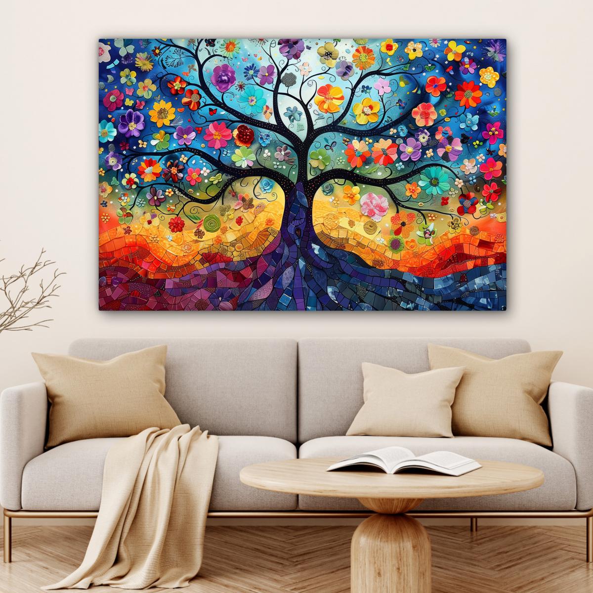 LEINWANDBILD Kunst - Baum des Lebens - Blumen - Hippie Groß 140x90 cm - Dunkelblau, Textil (140/90cm) - MuchoWow
