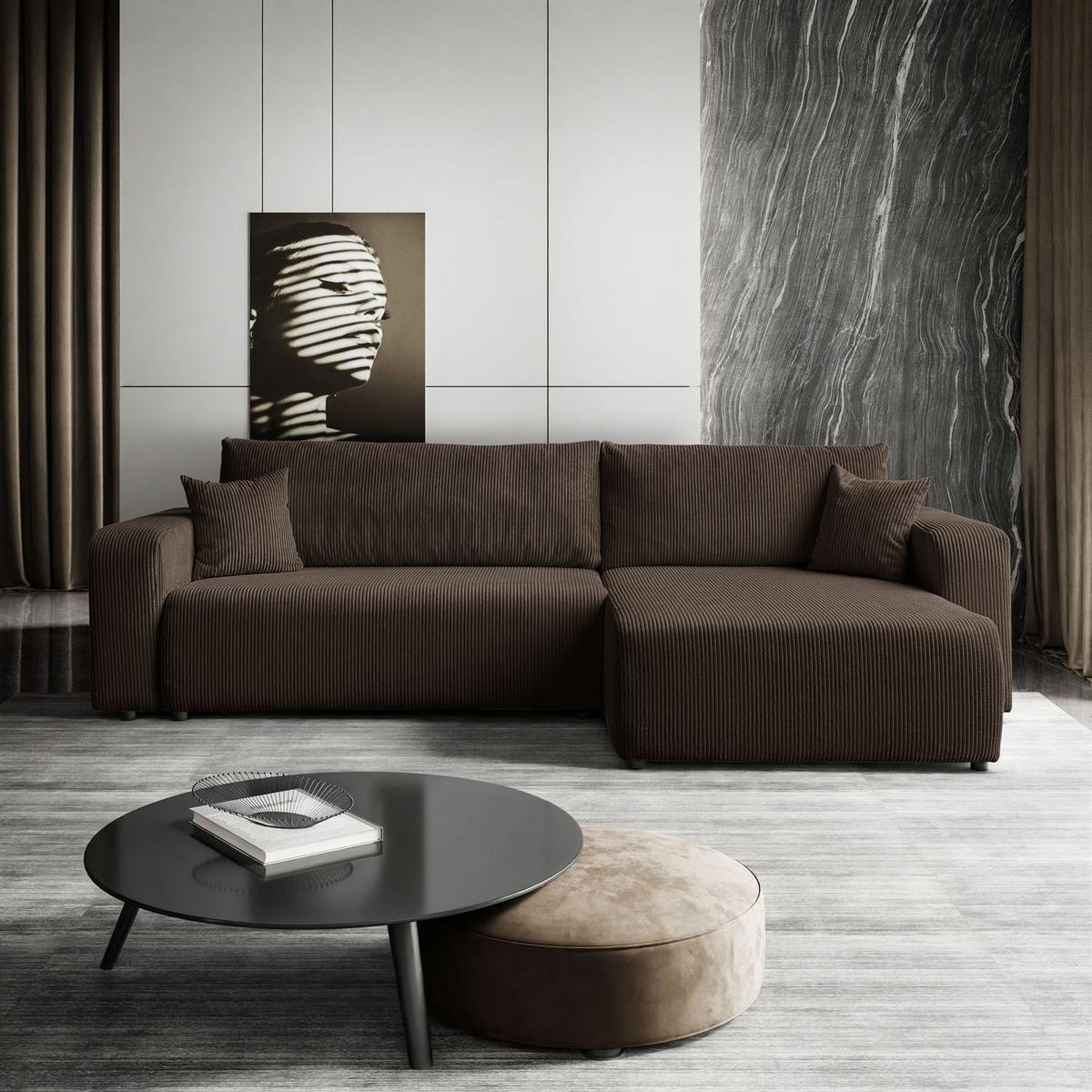 ECKSOFA Gepolstertes PRESTIGE XL mit Schlaffunktion und Bettkasten, Poso 06 - Braun, Textil (277/143cm) - Lookway