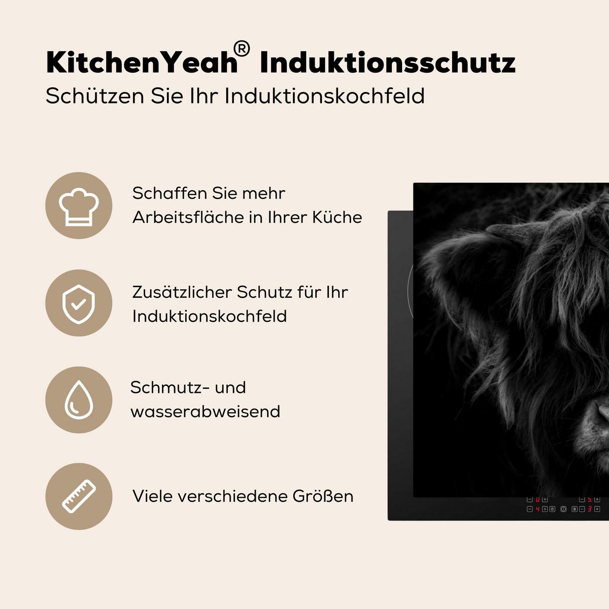 HERDABDECKPLATTE Schottischer Highlander - Kuh - Schwarz - Weiß - Tiere Induktionsmatte 71x52 cm - Schwarz, Kunststoff (71/52/0.2cm) - MuchoWow