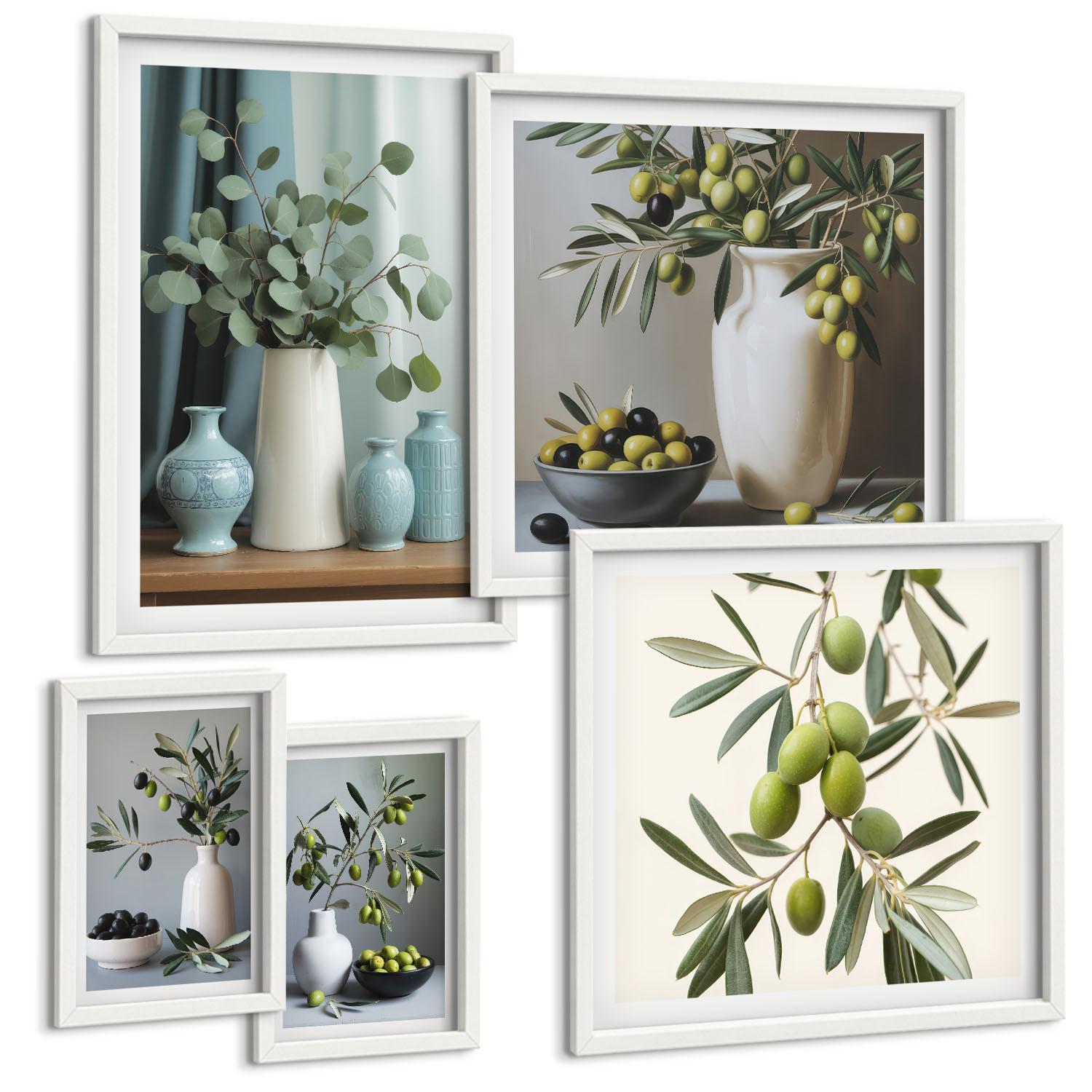 BILDER SET 5er Set - 50x50 cm & 20x30 cm & 40x60 cm Weißer Rahmen - Löwenzahnblüten, pastellfarbene Gräser - Weiß, Kunststoff (40/60cm) - TULUP