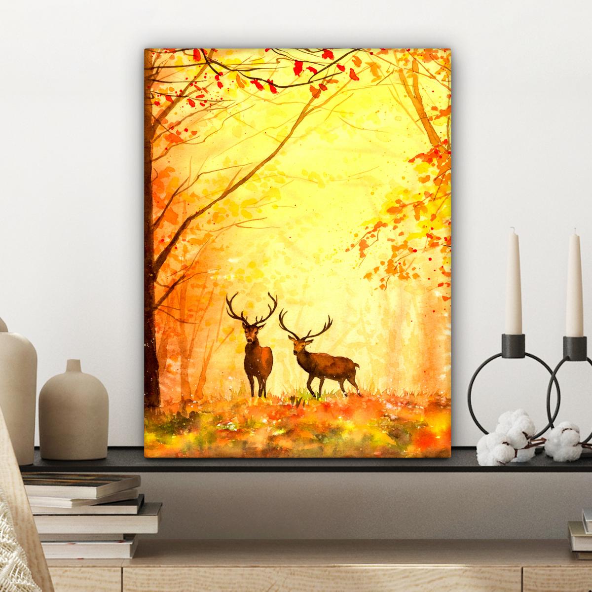 LEINWANDBILD Natur - Ölfarbe - Hirsche - Tiere - Herbst - Orange Room Decor 30x40 cm - Orange, Textil (30/40cm) - MuchoWow