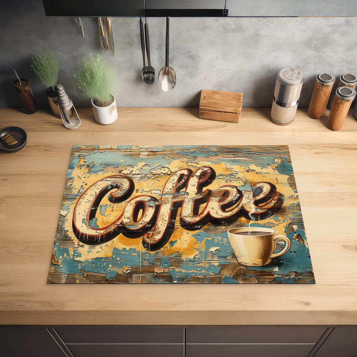 HERDABDECKPLATTE Kaffee - Vintage - Braun - Tasse Induktionsmatte 71x52 cm - Teakfarben, Kunststoff (71/52/0.2cm) - MuchoWow