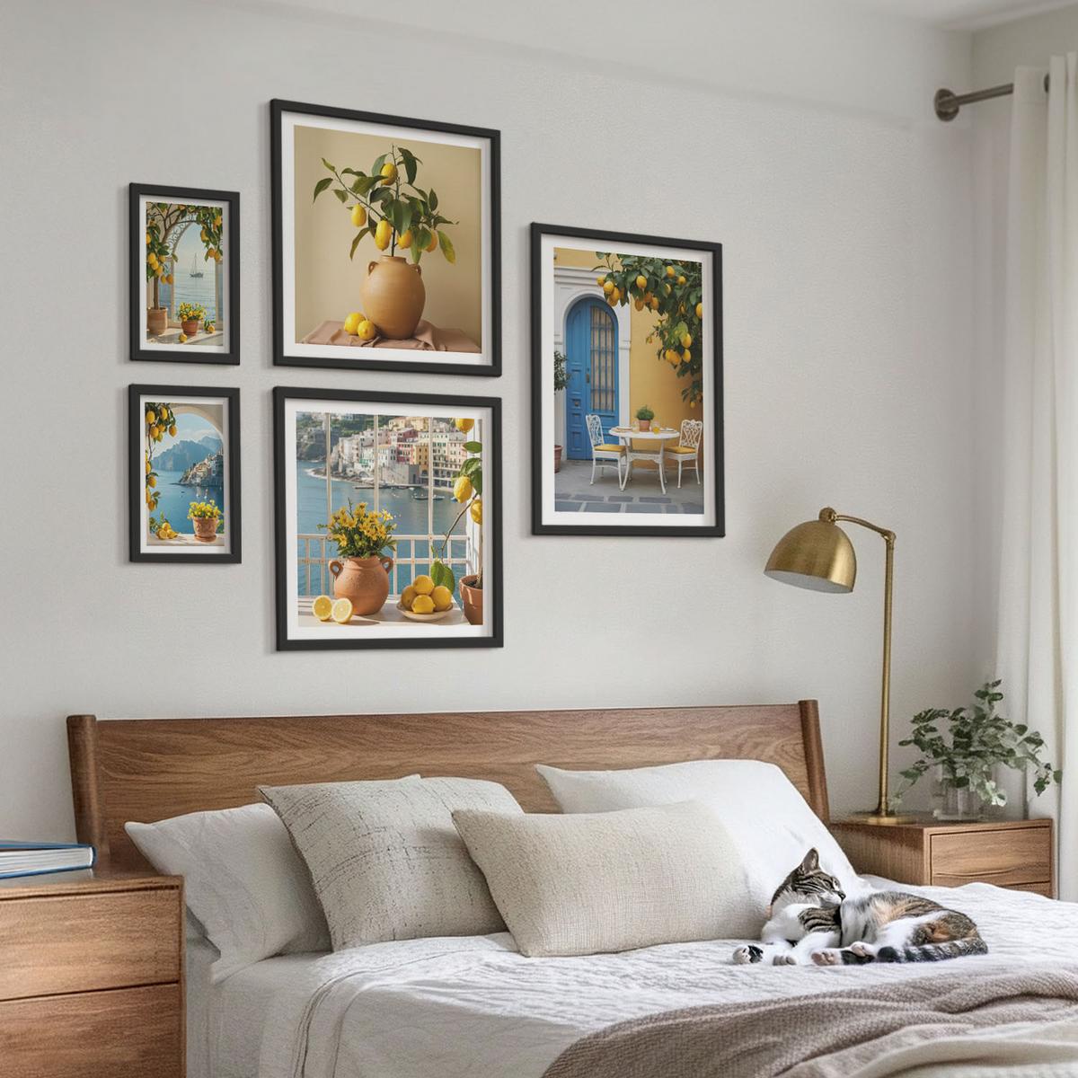 BILDER SET 5er Set - 50x50 cm & 20x30 cm & 40x60 cm Schwarzer Rahmen - Meereslandschaften, Zitronen, Fenster - Schwarz, Kunststoff (40/60cm) - TULUP