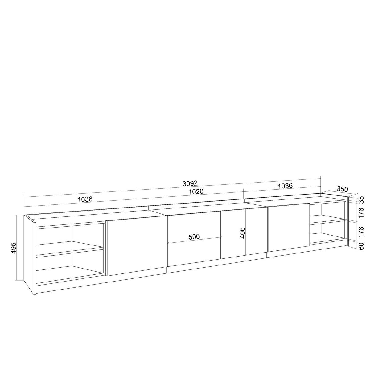 LOWBOARD, 310x37x50cm, Für TV-Geräte bis zu 80", Fernsehtisch, Eiche Schwarz - Eichefarben, Holzwerkstoff (310/50/37cm) - Skraut Home