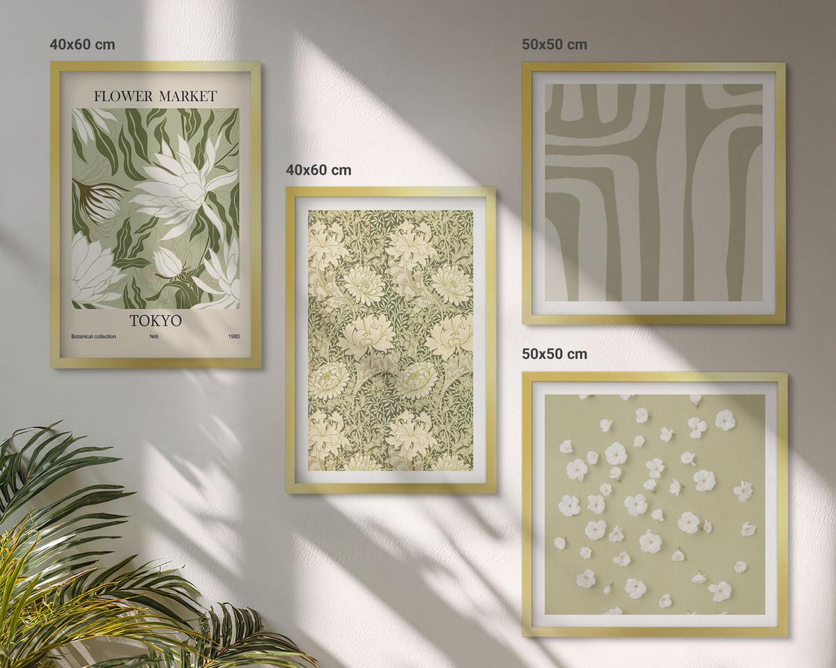 BILDER SET 4er Set - 50x50 cm & 40x60 cm Goldrahmen - Boho-Pflanzenkompositionen in Pastellfarben - Goldfarben, Kunststoff (50/50cm) - TULUP