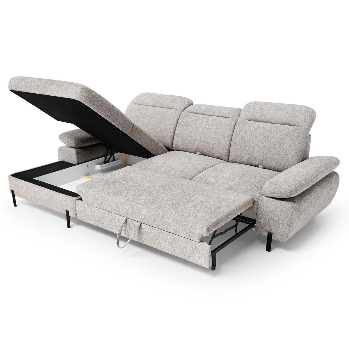 ECKSCHLAFSOFA Sora Mini mit verstellbaren Kopfstützen und Schlaffunktion, Chenille-Stoff, Dunkelbeige, Links - Beige/Schwarz, Textil (285/190cm) - Beautysofa