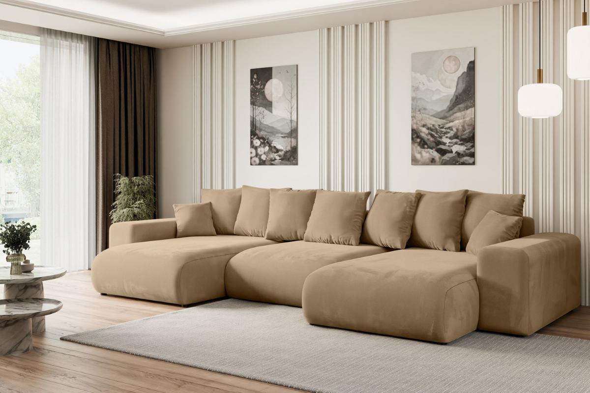 WOHNLANDSCHAFT mit Schlaffunktion ESKAR-U -364x176x84cm Beige Velours - Beige/Schwarz, Holzwerkstoff/Kunststoff (364/72/176cm) - ALTDECOR