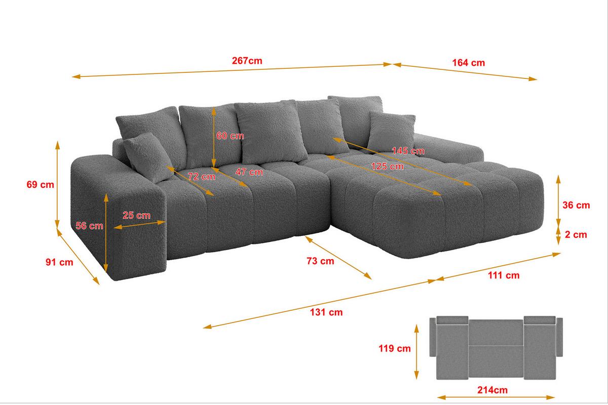 ECKSOFA Ottomane Rechts ENSI-L - 267x164x69 cm Platinfarben - Platinfarben, Holzwerkstoff/Kunststoff (164/267cm) - ALTDECOR