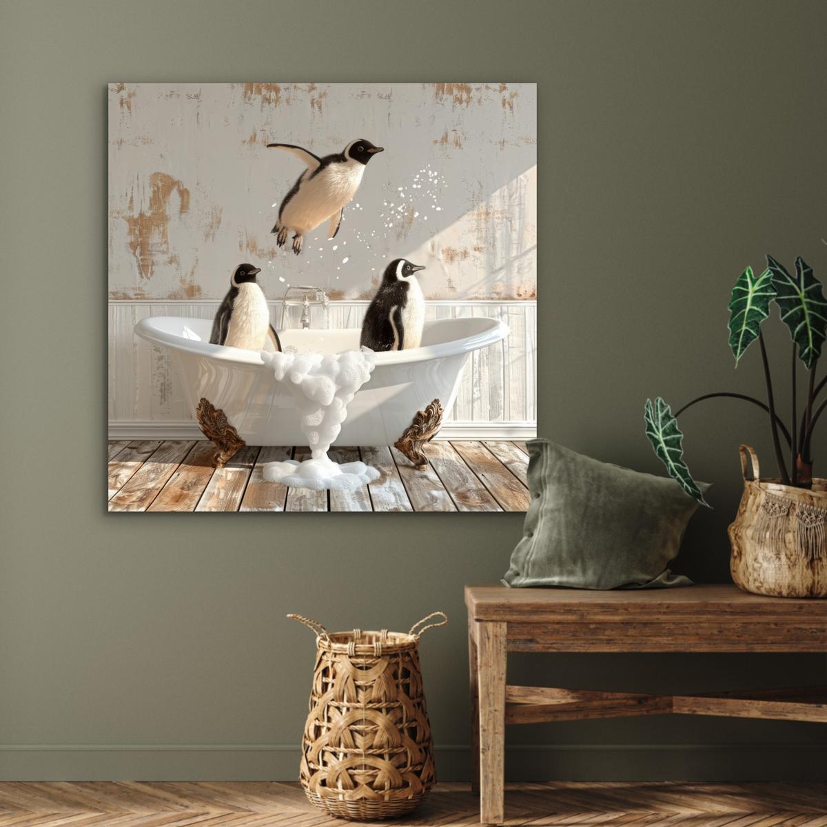 METALLBILD Vintage - Pinguin - Badewanne - Schaumstoff 90x90 cm - Schwarz, Metall (90/90cm) - MuchoWow