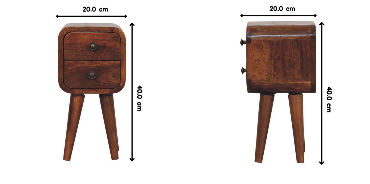 NACHTTISCH Extra Mini abgerundeten Kanten, 2 Schubladen, nordischen Beinen, braun - Messingfarben/Braun, Mangoholz/Holz (20/40/20cm) - Artisan Furniture