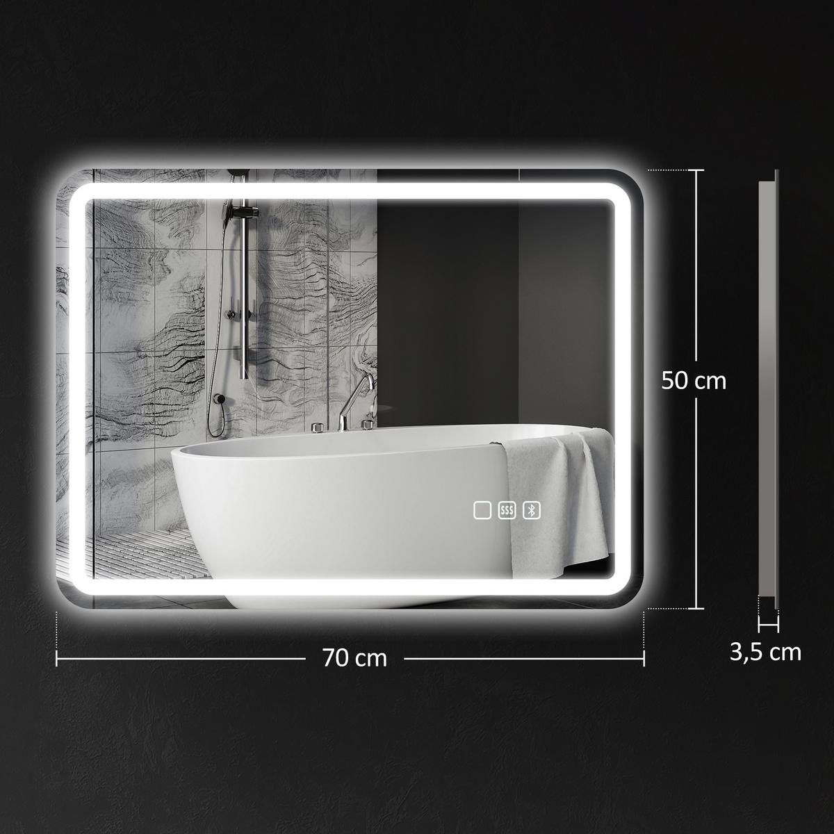 BADEZIMMERSPIEGEL mit LED-Beleuchtung, Anti-Beschlags-Pad, 3 verstellbare Farben - Silberfarben, Glas (50/3.5/70cm) - HOMCOM