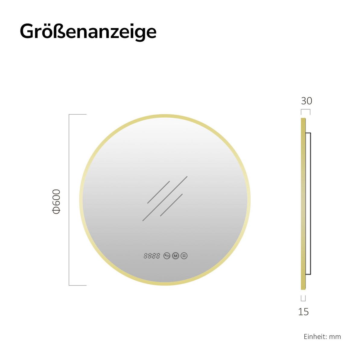 BADSPIEGEL mit LED-Beleuchtung Anti-Beschlag Zeitanzeige Goldfarben Ø 60 cm - Goldfarben, Glas (60/60/3cm) - EMKE