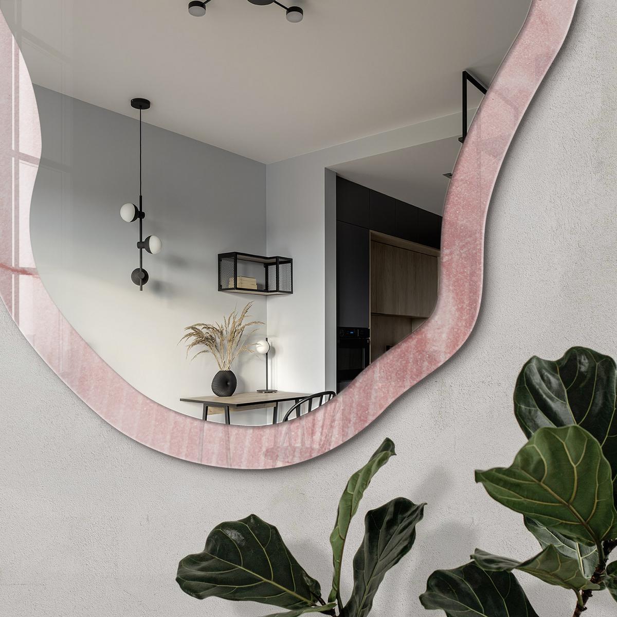 SPIEGEL 90x45 cm asymmetrisch mit Druck - Rosa Webmuster - Transparent, Glas (45/90/0.4cm) - TULUP