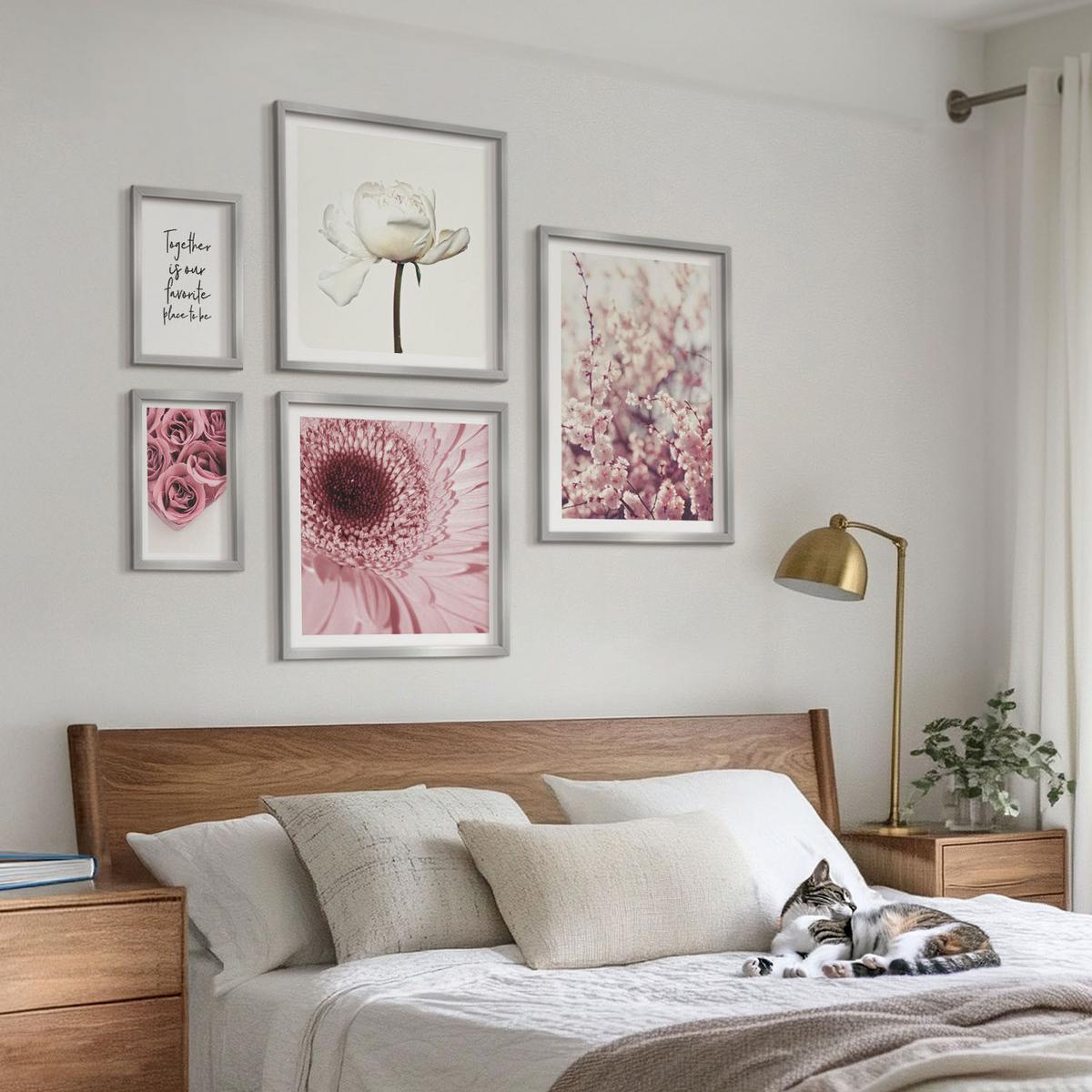 BILDER SET 5er Set - 50x50 cm & 20x30 cm & 40x60 cm Silberner Rahmen - Blumensträuße mit Rosen, Hausinschrift - Silberfarben, Kunststoff (40/60cm) - TULUP