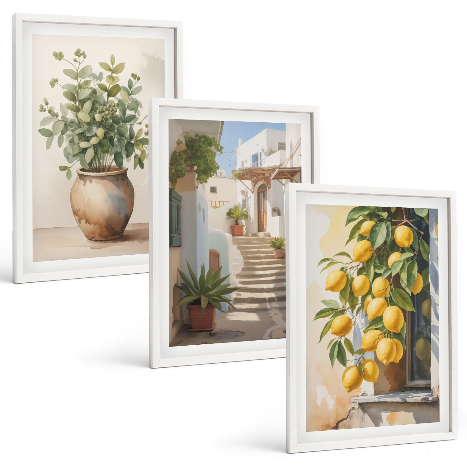 BILDER SET 3er Set - 40x60 cm Weißer Rahmen - Zitronenblumen im Topf, Straßen - Weiß, Kunststoff (40/60cm) - TULUP