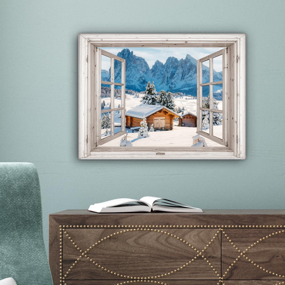 LEINWANDBILD Winterlandschaft - Hütte - Berge - Ausblicke - Aussicht - Natur Wandbild 40x30 cm - Weiß Hochglanz, Textil (40/30cm) - MuchoWow