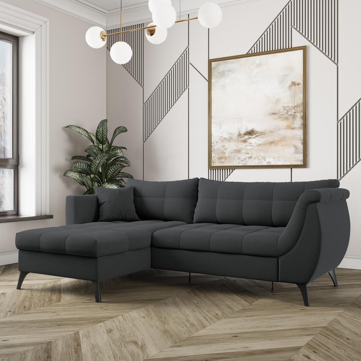 ECKSOFA MOLLIS Graphitfarben Geflochtener-Stoff mit Schlaffunktion - Graphitfarben, Holz (241/154cm) - MASSENO