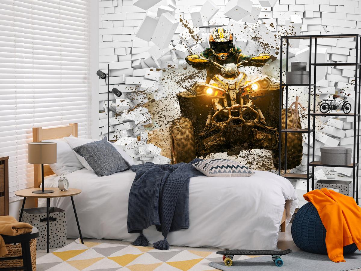 FOTOTAPETE für Büro Schlammbedecktes Quad Durchbricht Backsteinmauer 350x256 - Gelb/Beige, Papier (350/256cm) - Muralo