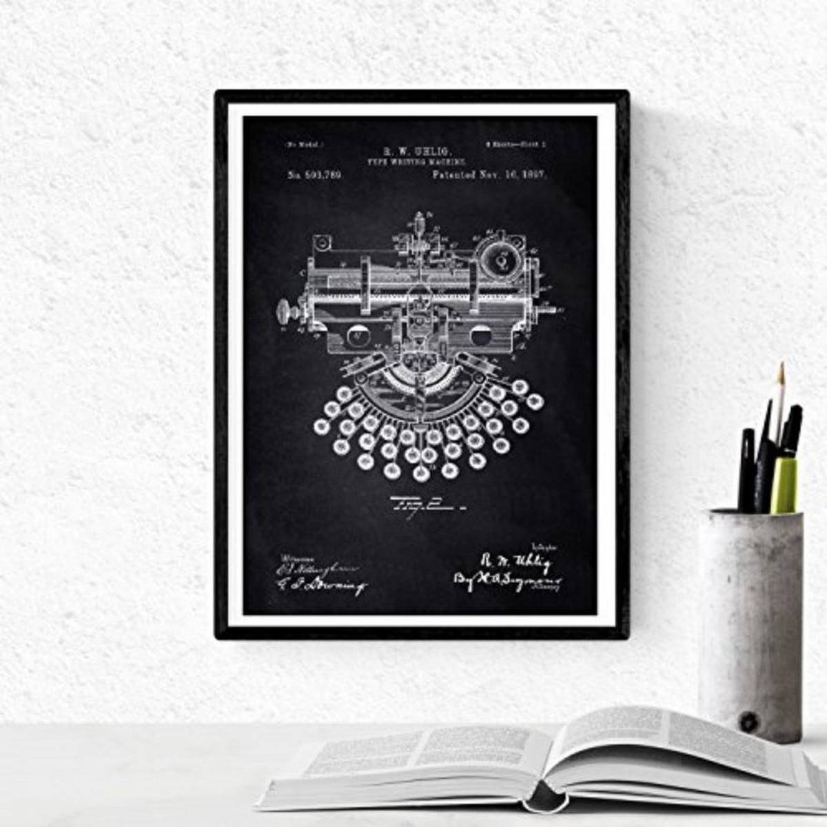 POSTER Set mit 4 SCHWARZ PATENTEN Schreibmaschinen A4 Schwarzer Rahmen - Schwarz, Papier (29.7/3cm) - Nacnic