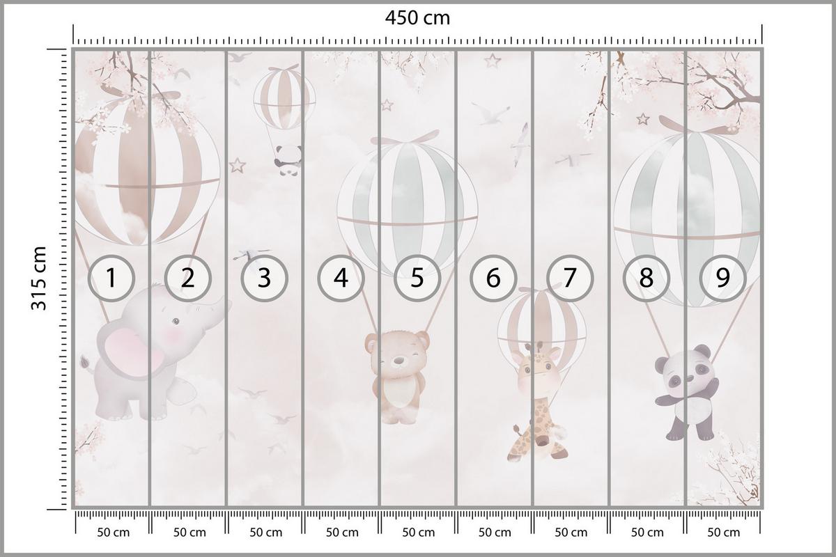 FOTOTAPETE für Kinderzimmer Tiere Himmel Elefant Giraffe Panda Vögel Ballons 450x315 - Multicolor, Papier (450/315cm) - Muralo