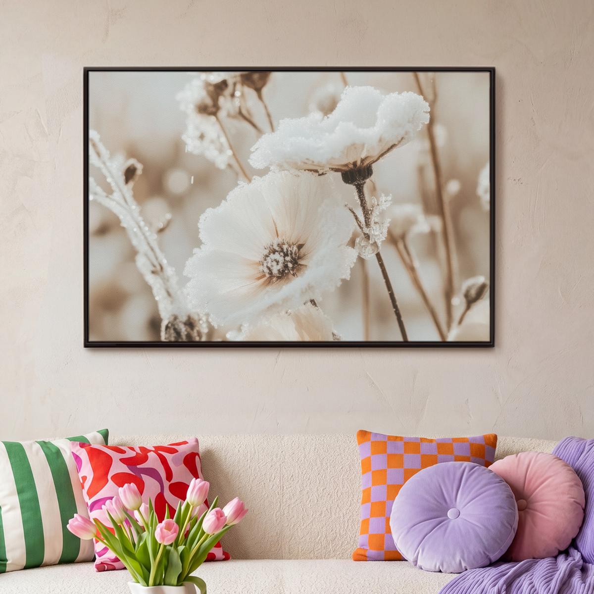 LEINWAND Bilder mit Rahmen - Blumen - Winter - Weiß - Schnee - Beige - 90x60 - Creme, Textil (90/60cm) - MuchoWow