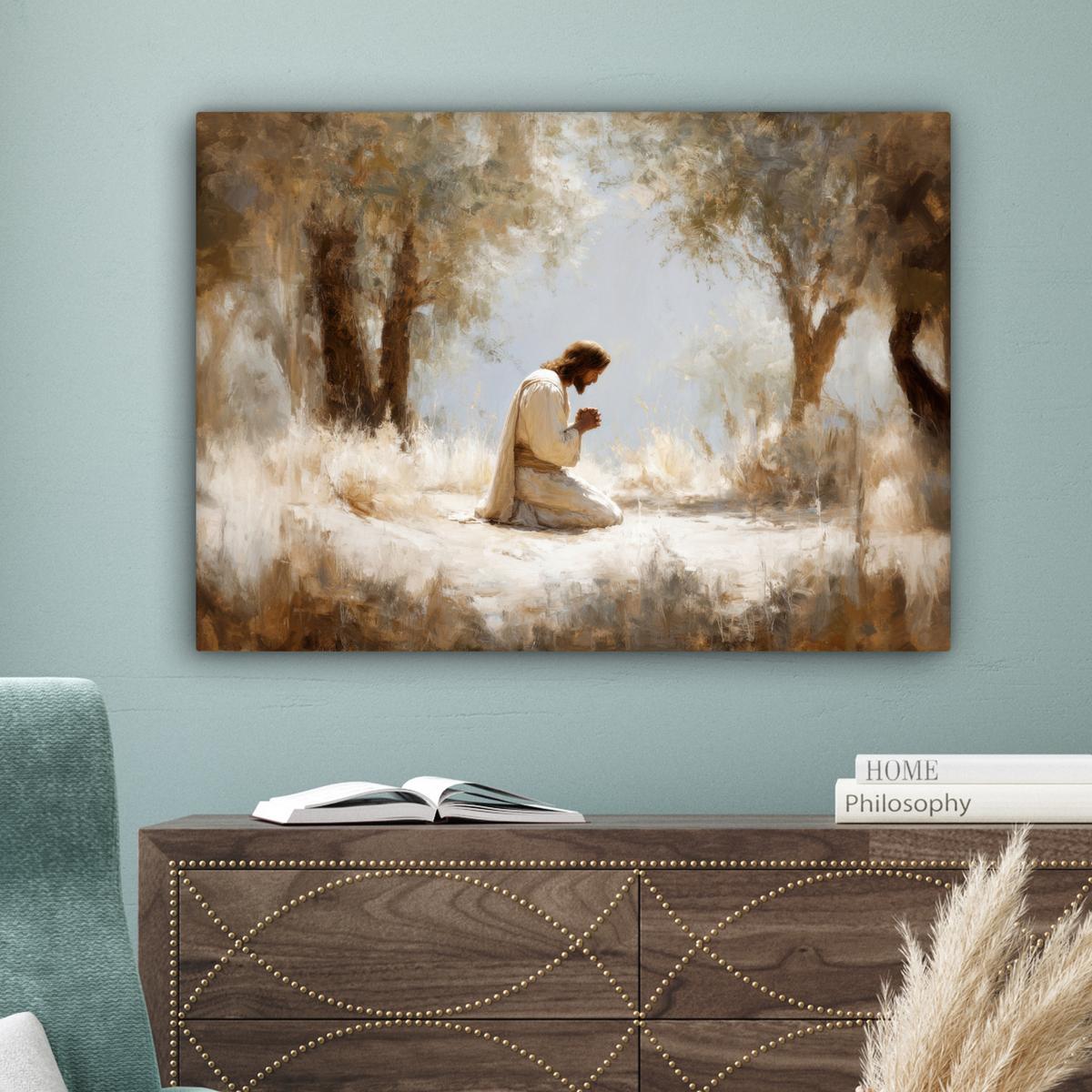 LEINWANDBILD Jesus - Kniend - Waldlandschaft - Betend Wandbilder 80x60 cm - Beige/Hellblau, Textil (80/60cm) - MuchoWow