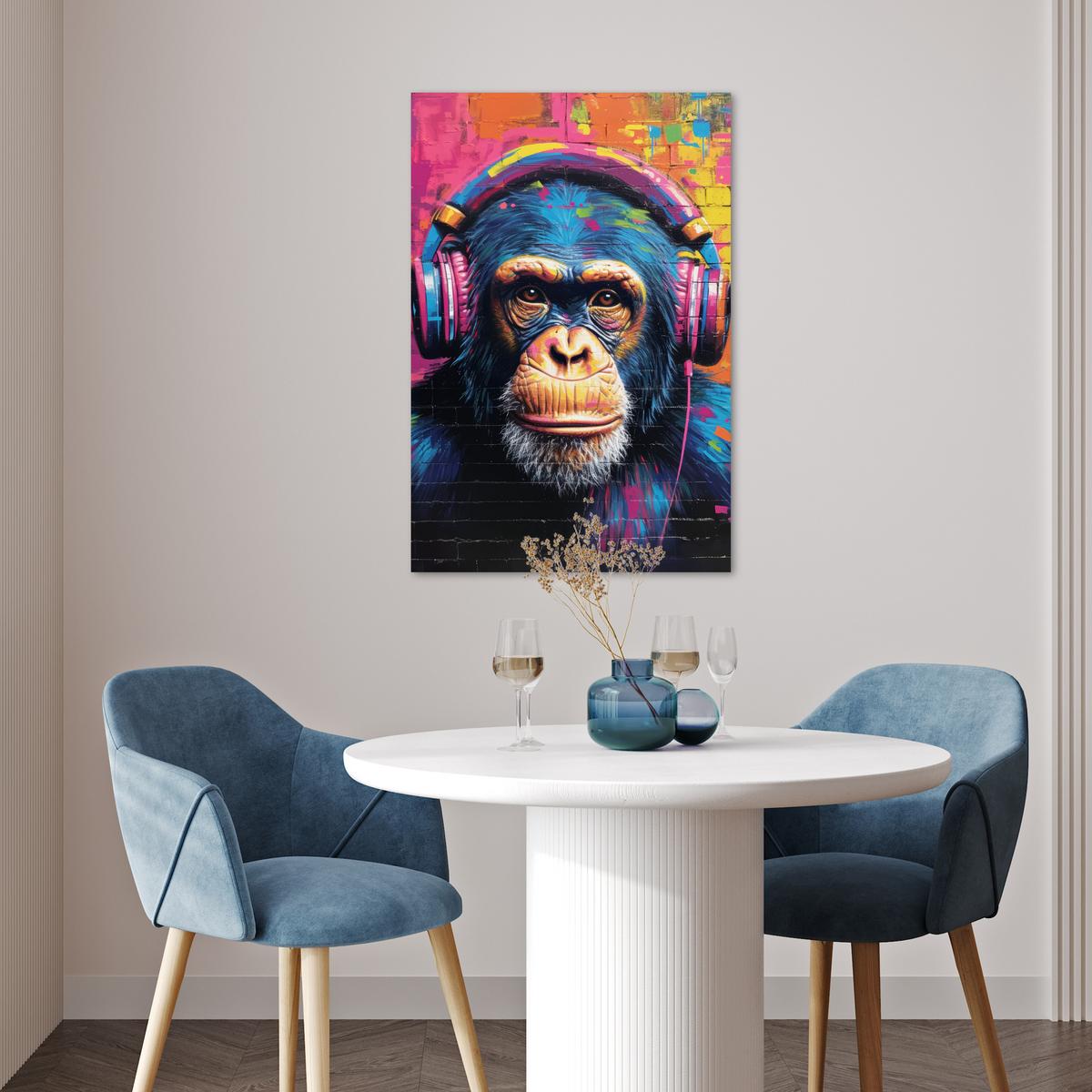 POSTER Graffiti - Schimpanse - Straßenkunst - Kopfhörer - Affe Wanddeko 40x60 cm - Blau, Papier (40/60/0.1cm) - MuchoWow