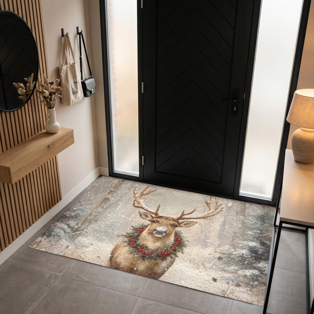 FUSSMATTE Weihnachten - Rentier - Winter - Kranz Flurteppich 180x120 cm - Braun, Kunststoff (180/0.4cm) - MuchoWow