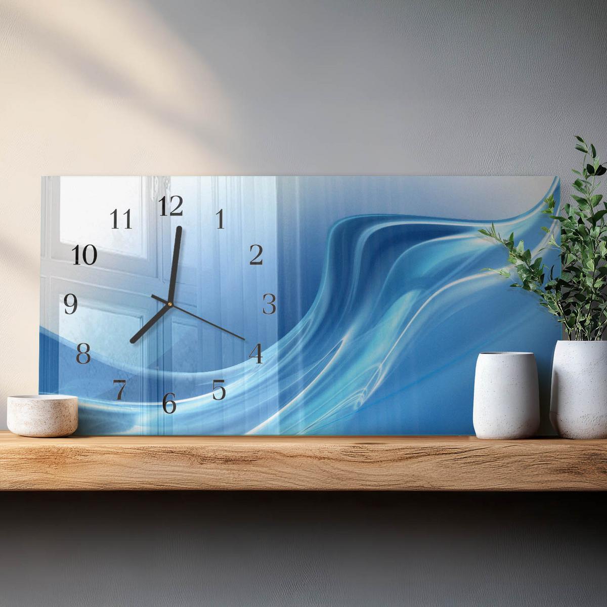 WANDUHR aus Glas 60x30 cm - Blaue Wellen - Blau, Glas (60/30/0.4cm) - TULUP