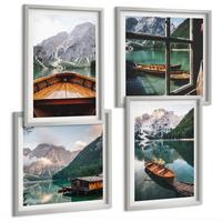 BILDER SET 4er Set - 50x50 cm & 40x60 cm Silberner Rahmen - See, Berge, Boote, Hütte, Fenster - Silberfarben, Kunststoff (50/50cm) - TULUP