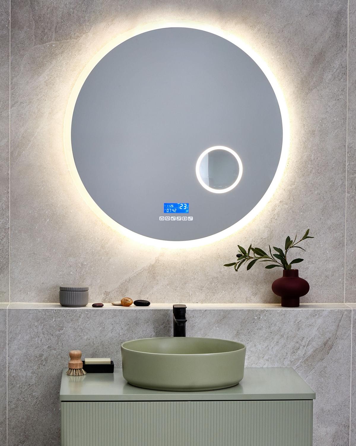 LED-BADEZIMMER-SPIEGEL 80/80 cm mit Bluetooth-Lautsprecher Silber Fixin - Silberfarben, Glas (80/80/4cm) - Beliani