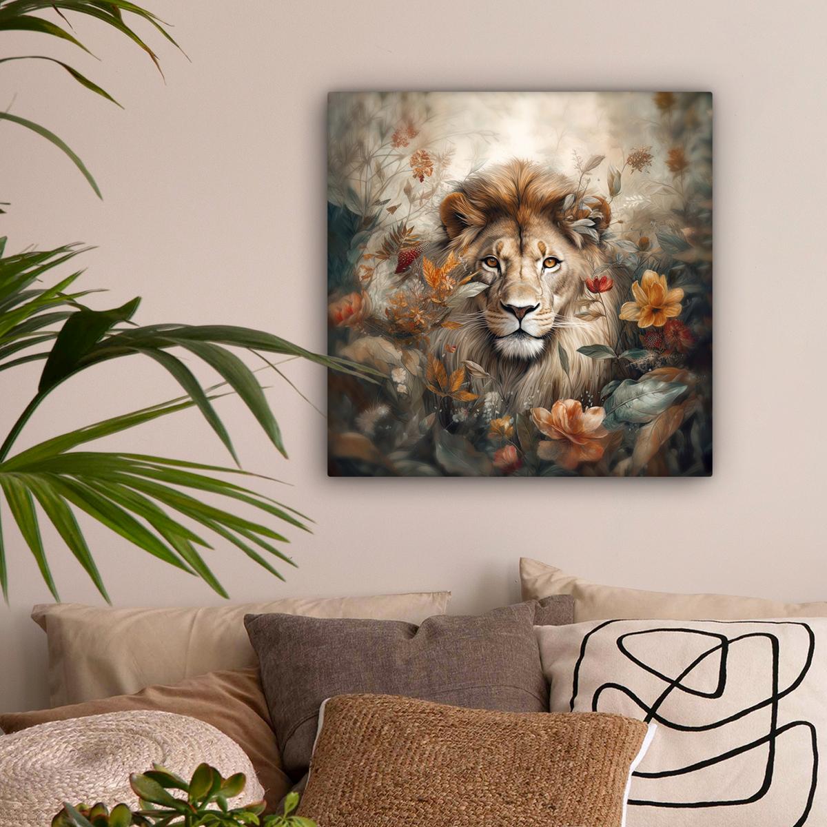 LEINWANDBILD Löwe - Wildtiere - Pflanzen - Natur - Blumen Wandbild Wohnzimmer 50x50 cm - Beige, Textil (50/50cm) - MuchoWow