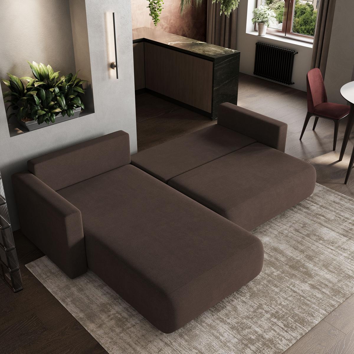 ECKSOFA TURIN Braun Geflochtener Stoff mit Schlaffunktion - Braun, Holz (265/183cm) - MASSENO