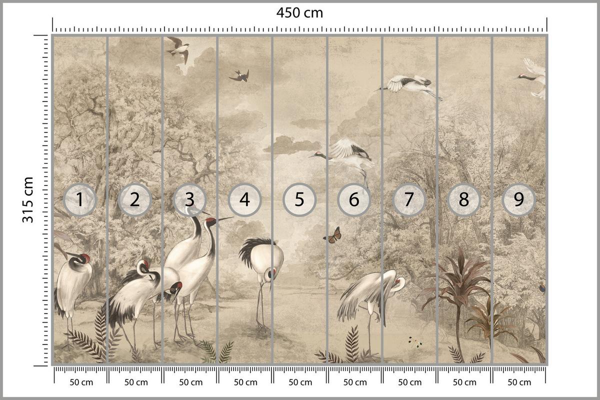FOTOTAPETE für Schlafzimmer Retro Kraniche Wald Bäume Vögel 450x315 - Beige/Rot, Papier (450/315cm) - Muralo