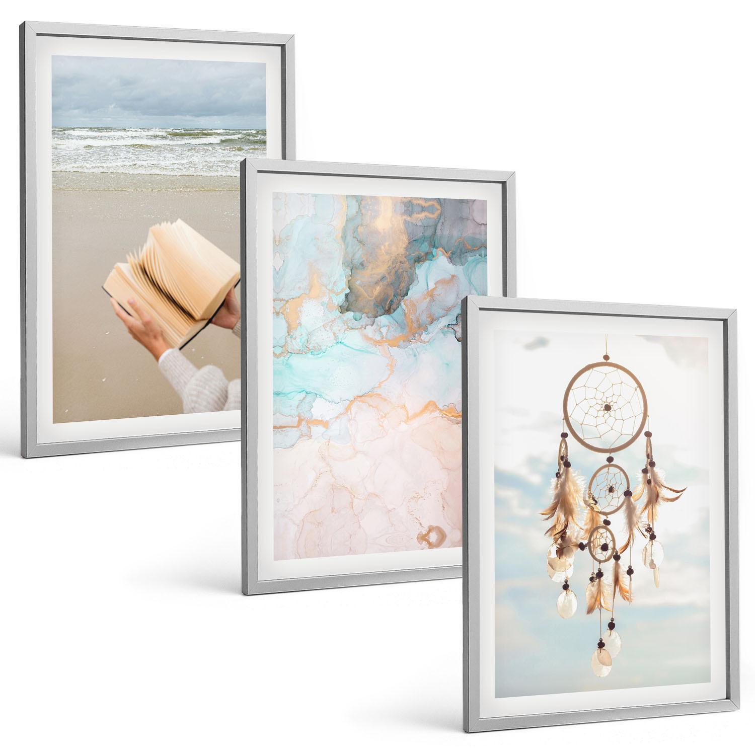 BILDER SET 3er Set - 40x60 cm Silberner Rahmen - Abstraktes Meeresbuch Boho - Silberfarben, Kunststoff (40/60cm) - TULUP