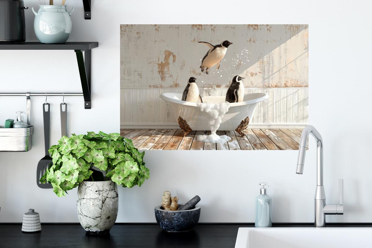 WANDTATTOO Vintage - Pinguin - Badewanne - Schaumstoff Deko Wohnzimmer 60x40 cm - Schwarz, Kunststoff (60/40/0.1cm) - MuchoWow