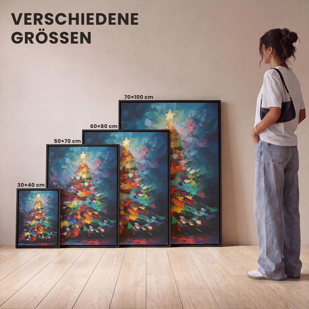 LEINWAND Bilder mit Rahmen - Weihnachtsbaum - Weihnachten - Abstrakt - Farbenfroh - 70x100 - Multicolor, Textil (70/100cm) - MuchoWow