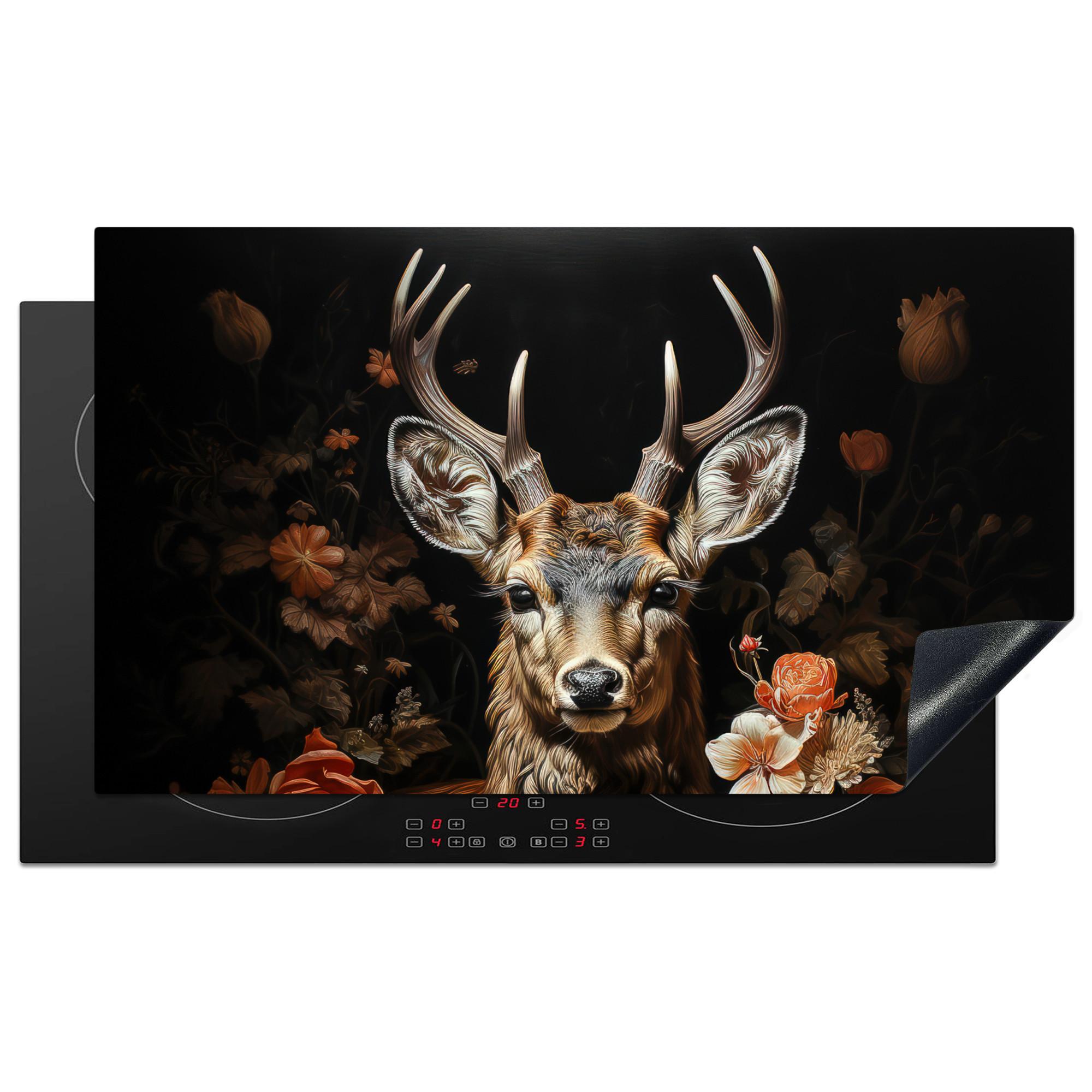 HERDABDECKPLATTE Hirsch - Tier - Blumen - Natur - Botanisch Induktionsschutz 89.6x51.6 cm - Kupferfarben, Kunststoff (89.6/51.6/0.2cm) - MuchoWow