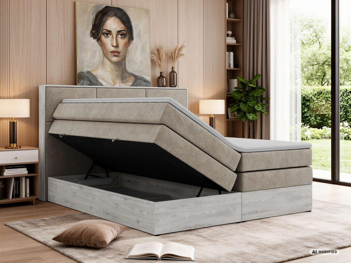 BOXSPRINGBETT DELNOR KING 160/200 - Greige Stukture - Topper Visco - H3 - Greige/Schwarz, Kunststoff/Textil (160/200cm) - MKS