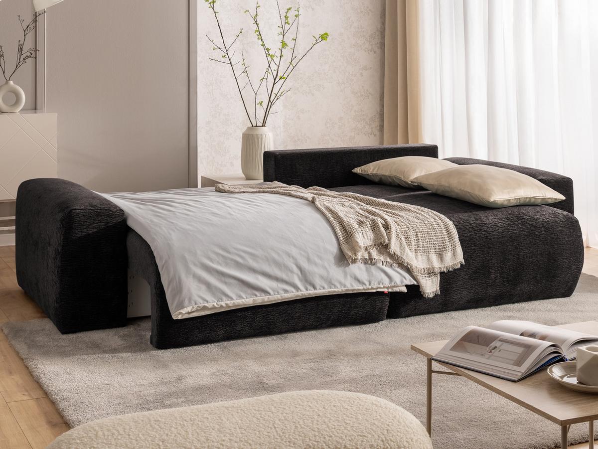 ECKSOFA Puffy mit Schlaffunktion und Bettkasten - besonders weich und puffig aus Braun Stoff mit Chenillestruktur - Ottomane rechts - Schwarz/Braun, Holz/Kunststoff (266/138cm) - S-Style Möbel