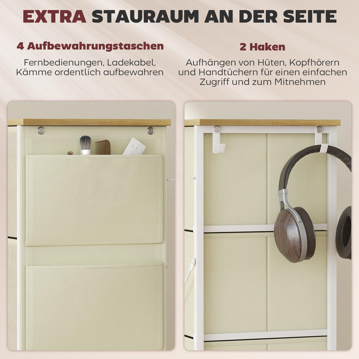 KOMMODE Schrank mit 8 Schubladen aus Stoff, Haken, Seitentasche, Stahlrahmen - Beige/Naturfarben, Holz/Textil (30/94.5/86cm) - HOMCOM