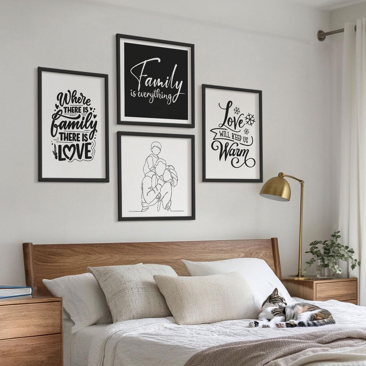 BILDER SET 4er Set - 50x50 cm & 40x60 cm Schwarzer Rahmen - Familie, Liebe, Wärme, Zuhause - Schwarz, Kunststoff (50/50cm) - TULUP