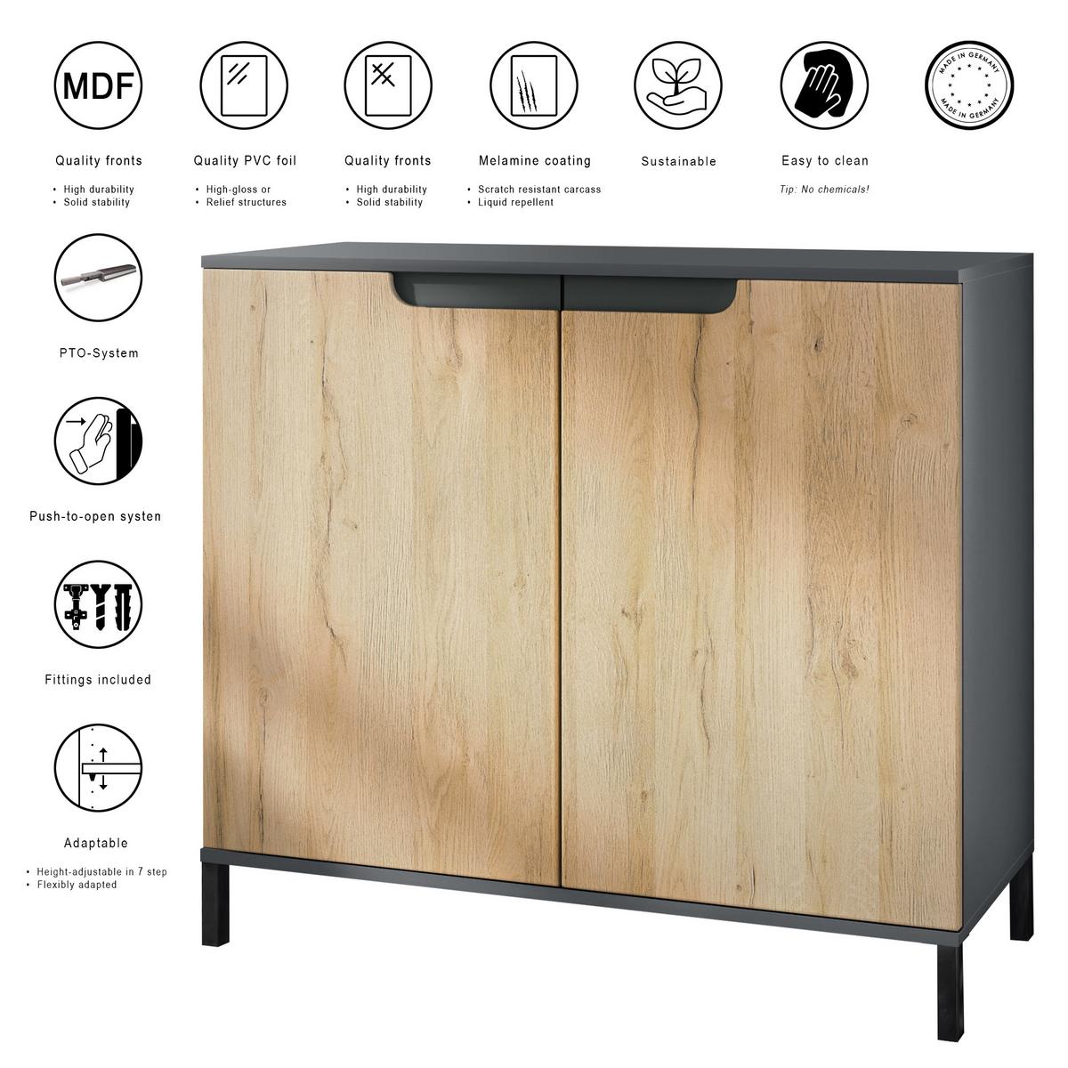 KOMMODE Sylt Beton Oxid Optik - Hellgrau, Holzwerkstoff (92.5/83.5/35cm) - Vladon