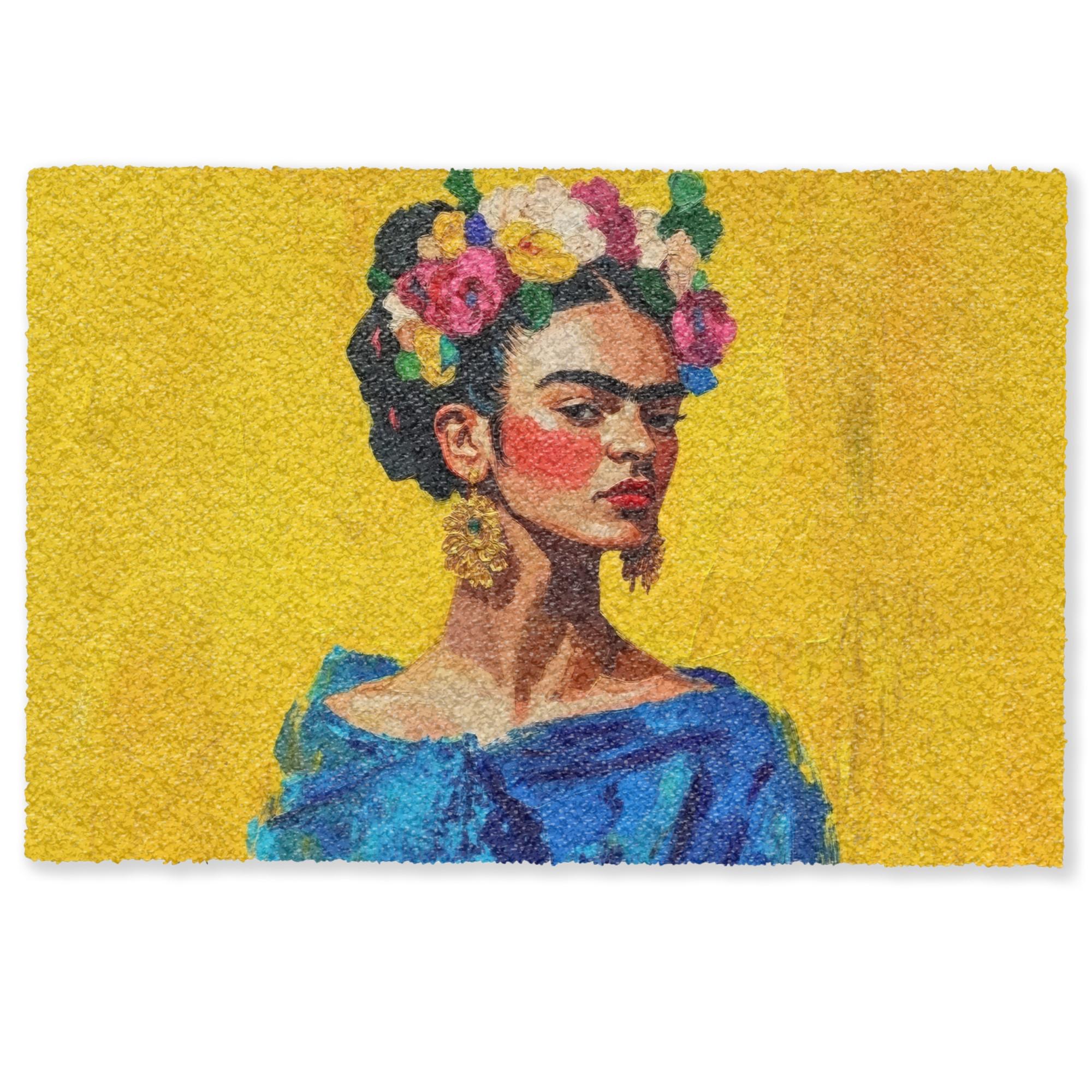 FUSSMATTE Frida Kahlo - Frau - Gelb - Blau - Blumen Schmutzfangmatte 90x60 cm - Gelb, Kunststoff (90/0.4cm) - MuchoWow