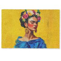 FUSSMATTE Frida Kahlo - Frau - Gelb - Blau - Blumen Schmutzfangmatte 60x40 cm - Gelb, Kunststoff (60/0.4cm) - MuchoWow