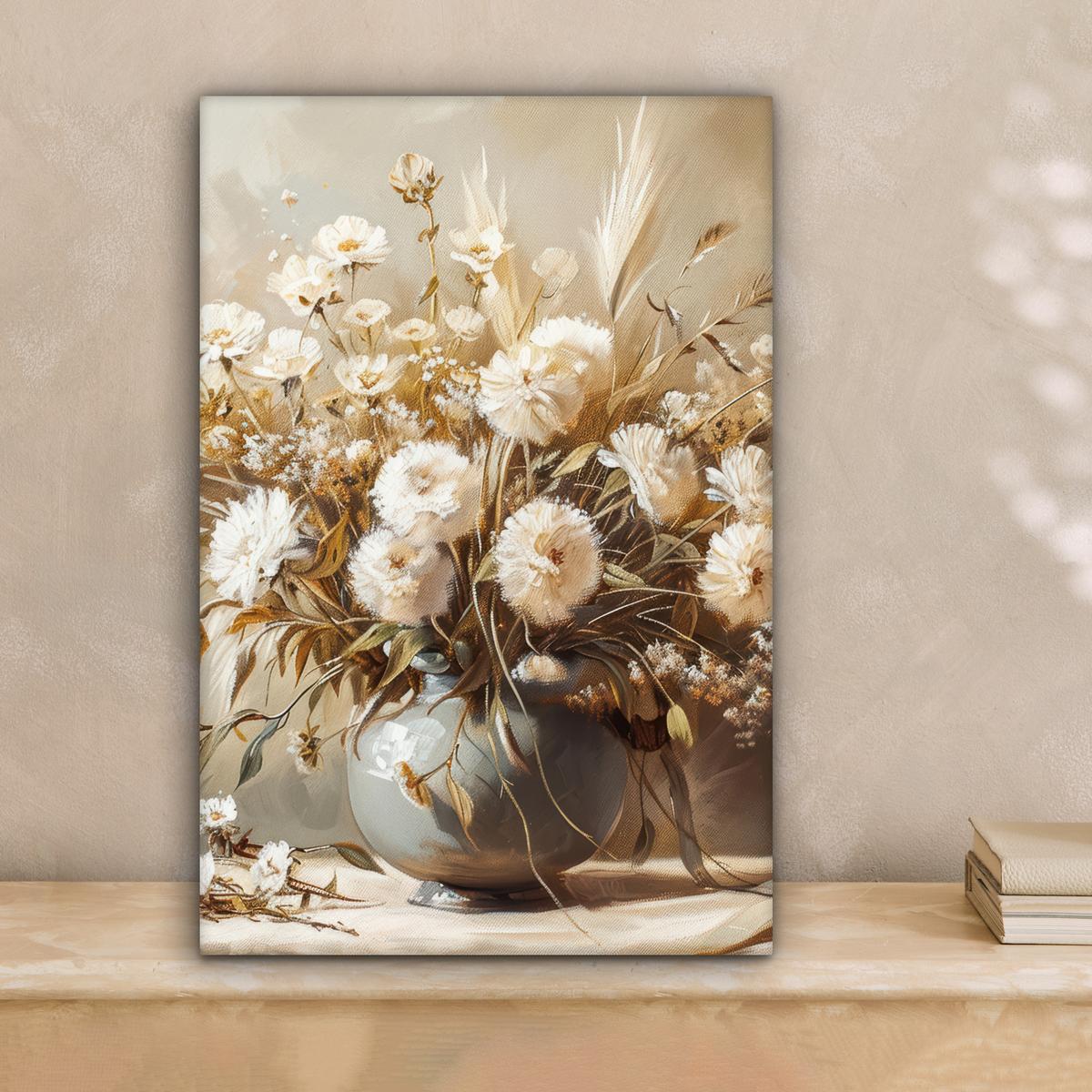 LEINWANDBILD Blumen - Vase - Stilleben - Beige Deko Wohnzimmer 20x30 cm - Creme, Textil (20/30cm) - MuchoWow